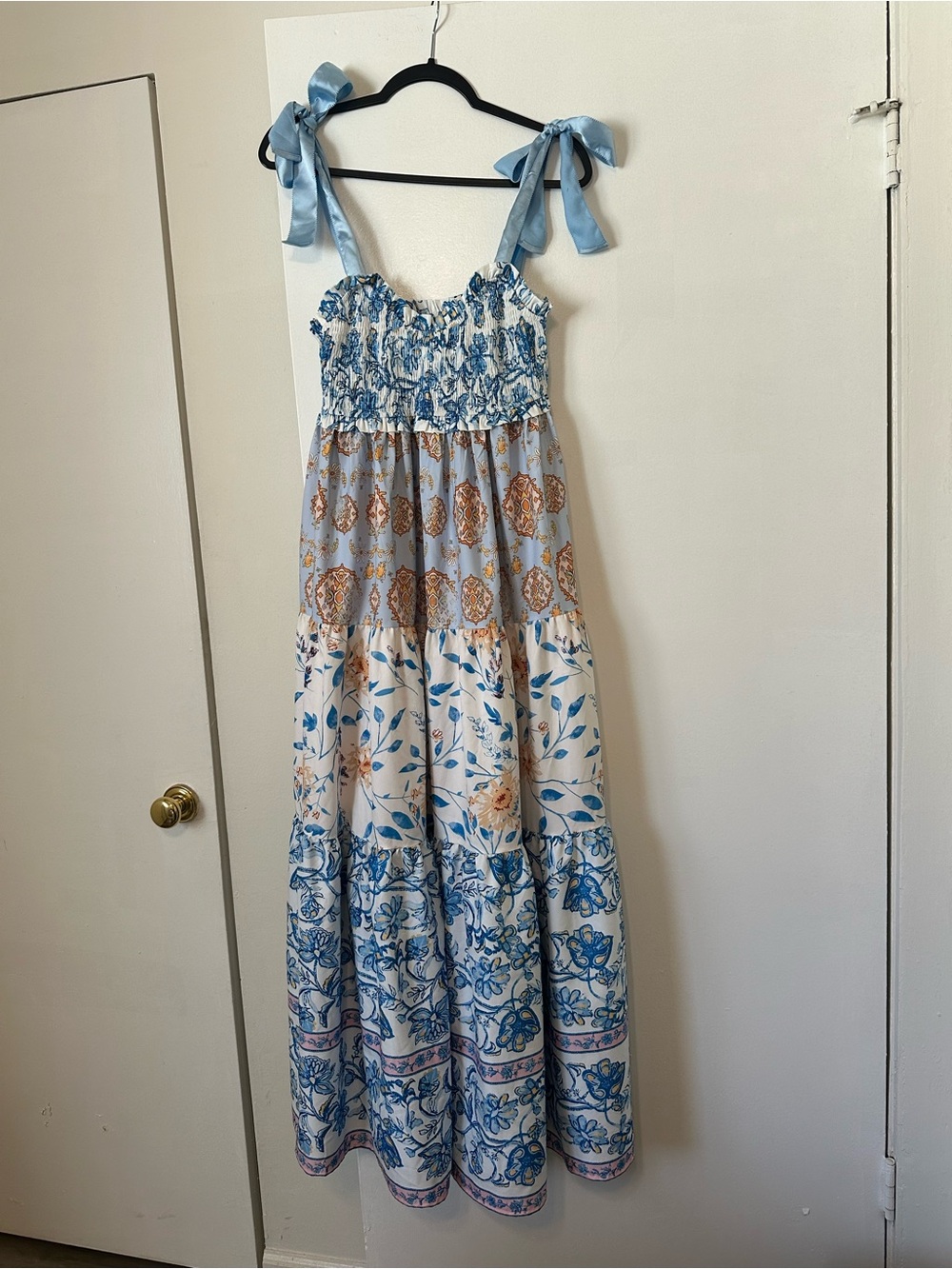 Smocked Tie-Shoulder Maxi Dress in Blue & Cream